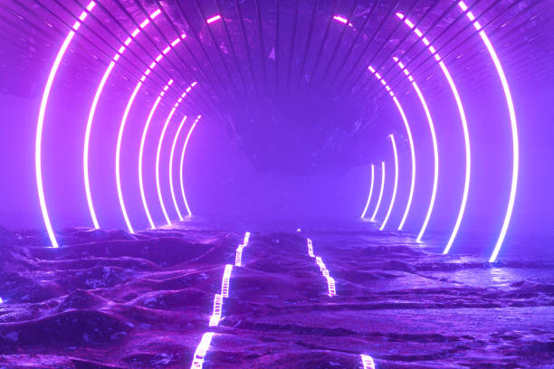istock Ultraviolet neon laser glowing light tunnel corridor abstract 3d background 1495599525