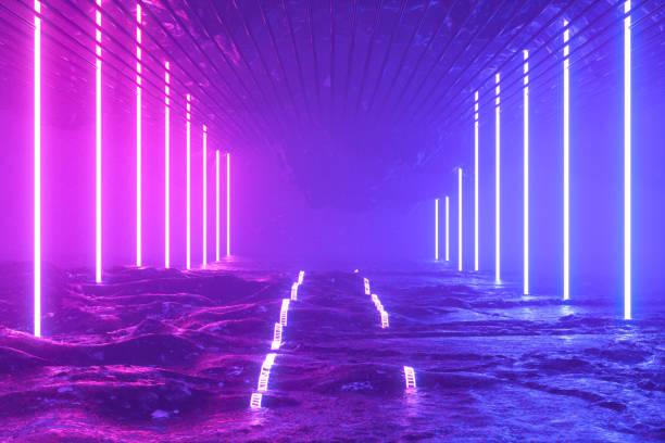 istock Ultraviolet neon laser glowing light tunnel corridor abstract 3d background 1495599719