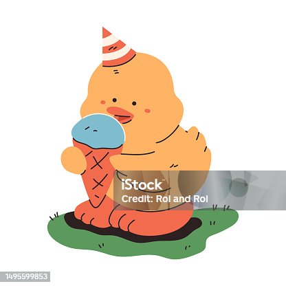 istock Cute little duck with ice-cream vector cartoon character isolated on a white background. 1495599853