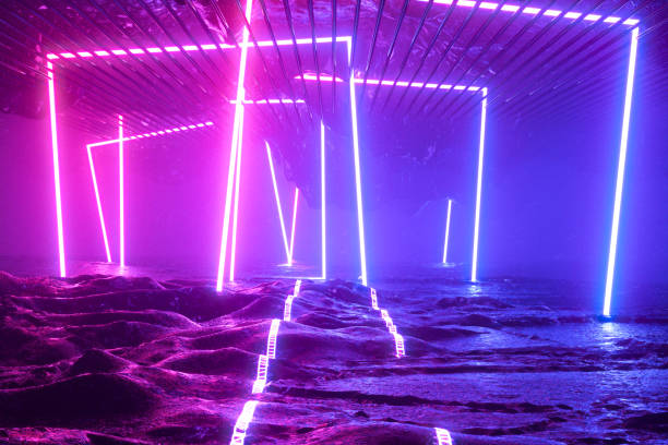 istock Ultraviolet neon laser glowing light tunnel corridor abstract 3d background 1495601136