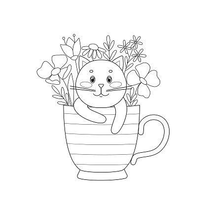 Cute kitten in mug and surrounded by flowers. Spring summer coloring book with simple shapes. Black outline sketch of pet.