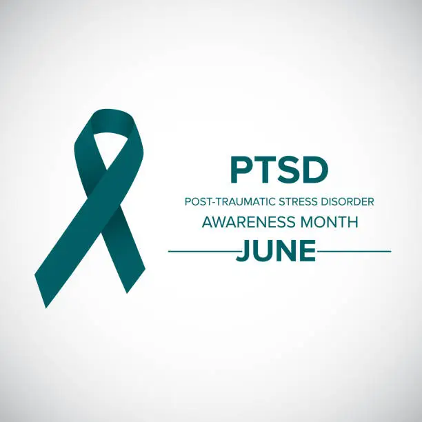 Vector illustration of PTSD Awareness Month design with a teal color ribbon. Vector illustration