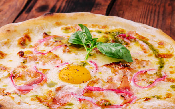 istock Italy pizza with egg yolk, ham and onion 1495606659