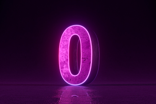 Number 0 with glowing neon lighting on black background. 3d render.