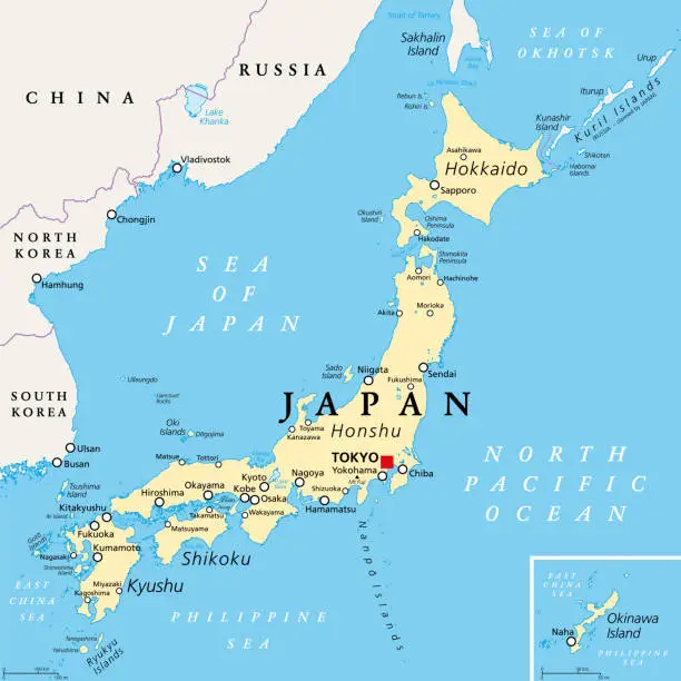 Vector illustration of Japan, main islands, political of the island country in East Asia