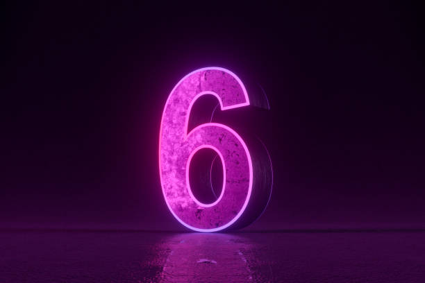 Number 6 with glowing neon lighting on black background. 3d render.