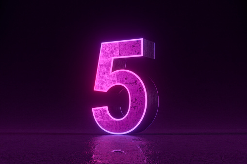 Number 5 with glowing neon lighting on black background. 3d render.