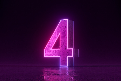 Number 4 with glowing neon lighting on black background. 3d render.
