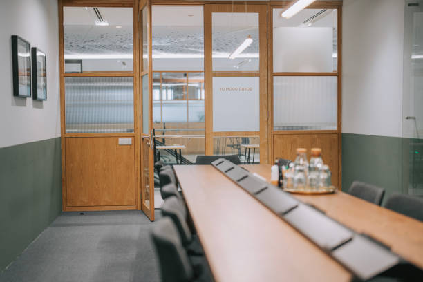 meeting room point of view with conference table and chairs - board room business conference table window imagens e fotografias de stock