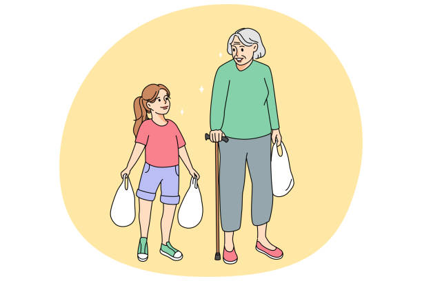 親切な小さな女の子は、バッグを運ぶ古いおばあちゃんを助ける - grandmother granddaughter senior adult teenager点のイラスト素材／クリップアート素材／マンガ素材／アイコン素材