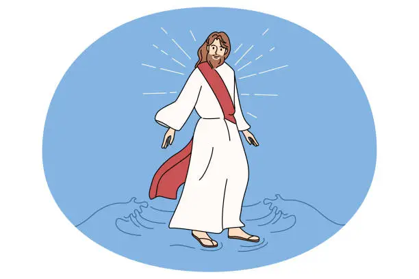 Vector illustration of Jesus Christ walking on water