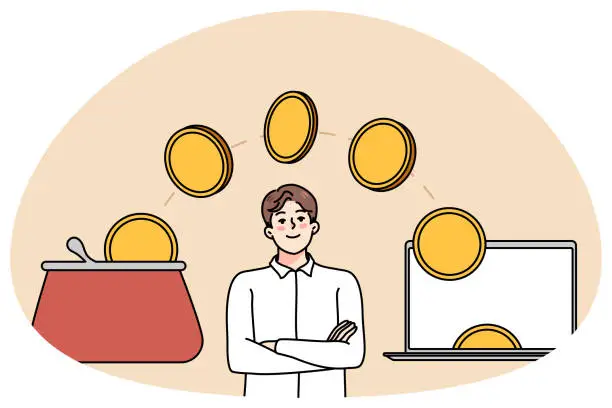 Vector illustration of Coins flying from computer into wallet