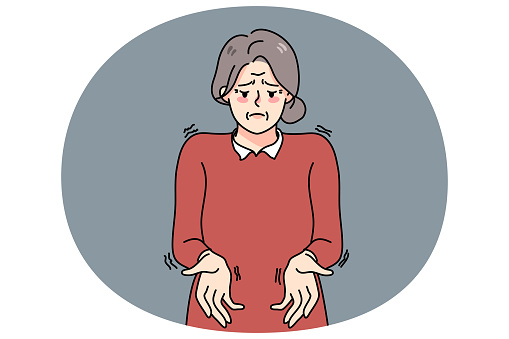 Unhealthy old woman with trembling hands suffer from Parkinson disease. Sick mature grandmother struggle with neurological illness symptoms. Elderly healthcare. Vector illustration.