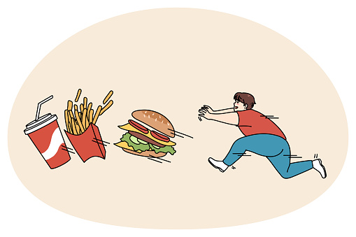 Fat guy running after fast food suffer from obesity and bad habits. Hungry overweight man pursue fries and hamburger, enjoy eating junk food. Diet and healthy lifestyle. Vector illustration.