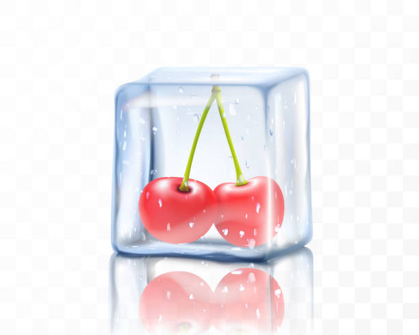 istock Fresh ripe cherry berries in ice cube isolated on transparent background. Frozen red cherry, realistic 3d vector illustration 1495610518