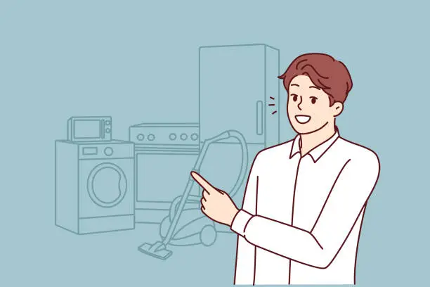 Vector illustration of Man appliances salesman points finger at washing machine and vacuum cleaner with refrigerator