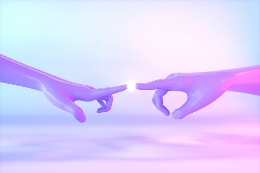 Touching hands, artificial intelligence concept. Digitally generated image.