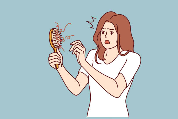 ilustrações de stock, clip art, desenhos animados e ícones de shocked woman learns about problem of hair loss sees comb and opens mouth in surprise - mulher careca