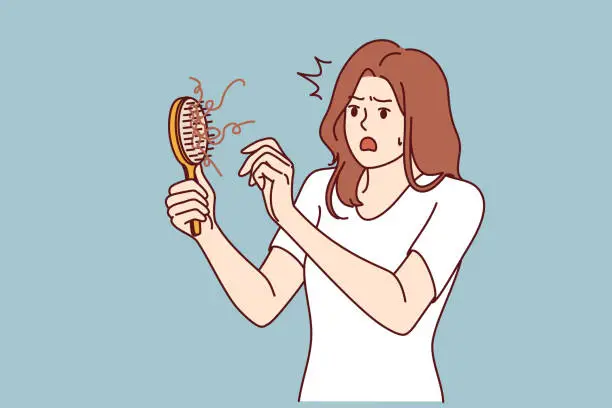 Vector illustration of Shocked woman learns about problem of hair loss sees comb and opens mouth in surprise
