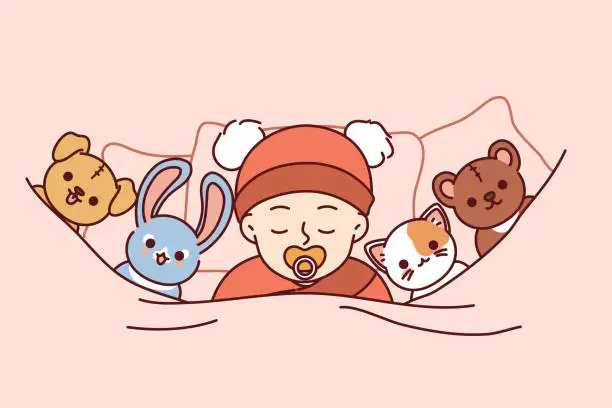 Vector illustration of Newborn baby sleeps soundly in bed among toys or sucks on pacifier for concept of child care