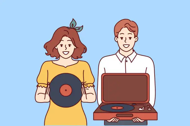 Vector illustration of Happy couple with turntable and vinyl record invites you to retro party with jazz music.