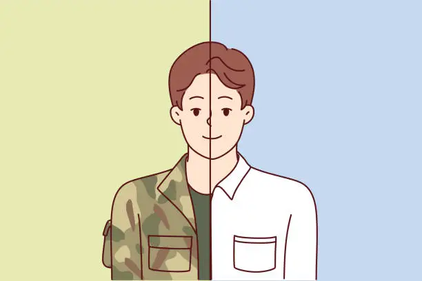 Vector illustration of Man in military and office clothes symbolizes dismissal from army and beginning of civilian career.