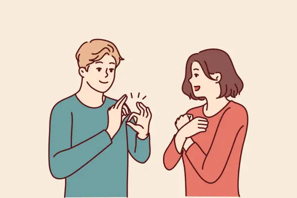 Vector illustration of Deaf-mute man and woman are talking using sign language and demonstrating symbols with hands