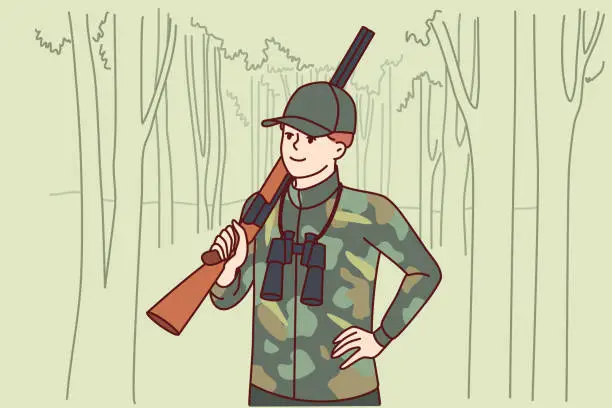 Vector illustration of Man hunter with double-barreled gun stands in forest with binoculars to track down wild animal