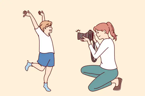 Vector illustration of Photographer mother and little boy make photoshoot to capture happy moments from childhood