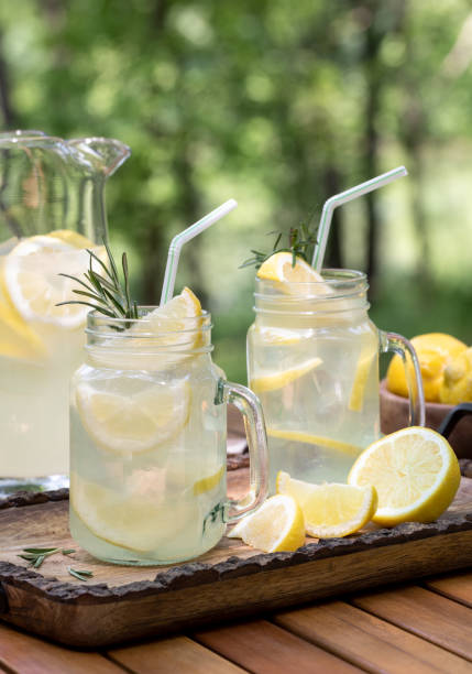istock Lemonade in glass jars on table outdoors 1495621535