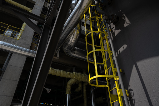 Close-up of stairs for equipment in a chemical factory under construction