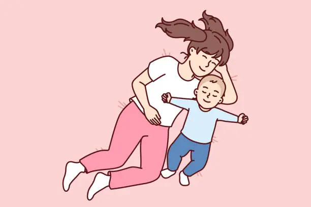 Vector illustration of Little girl hugging newborn brother lying in bed and sleep together for happy childhood concept