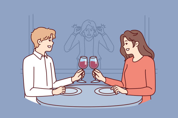 Stalker girl is watching date of former boyfriend drinking wine in restaurant with new girlfriend Stalker girl is watching date of former boyfriend drinking wine in restaurant with new girlfriend. Concept of jealousy and surveillance of loved one going on date or betrayal from cheating husband jealous ex girlfriend stock illustrations