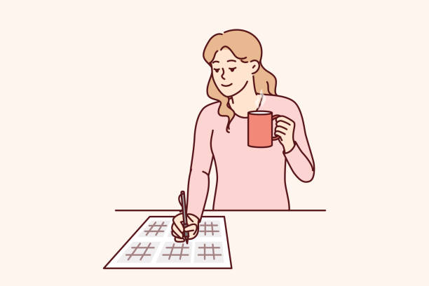 bildbanksillustrationer, clip art samt tecknat material och ikoner med woman solves sudoku puzzle and drinks hot tea enjoying math brain teasers demonstrates high iq - sudoku