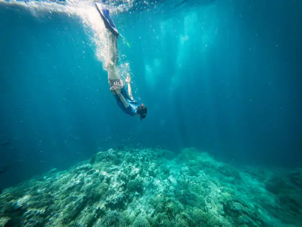 Photo of Young Man Snorkeling and Diving Downwards To Coral Reef