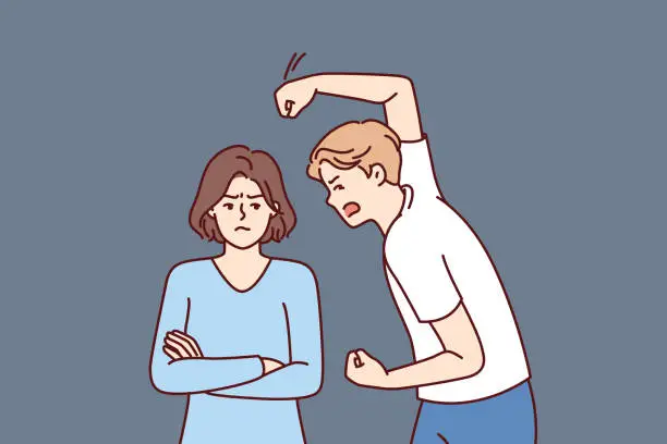 Vector illustration of Aggressive man beats woman with violence because of jealousy and suspicion of infidelity