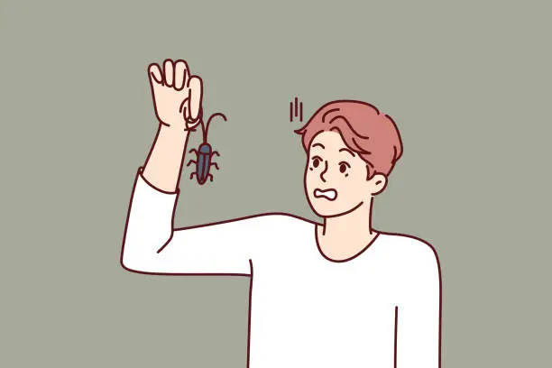 Vector illustration of Man with bug in hand, looks at insect and gets scared suffering from arachnophobia and disgust