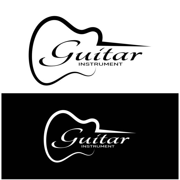 Simple musical guitar instrument logo, for guitar shop, music instrument store, orchestra, guitar lessons, apps, games, music studio, vector Simple musical guitar instrument logo, for guitar shop, music instrument store, orchestra, guitar lessons, apps, games, music studio, vector string instrument stock illustrations