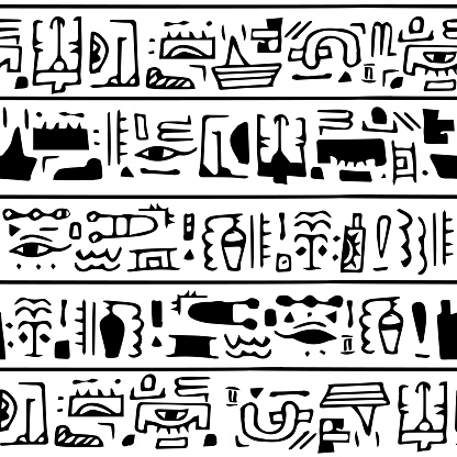 Black-white hand drawn adventure playful vector seamless pattern of featuring Egyptian-inspired icons. Perfect for travel-themed designs