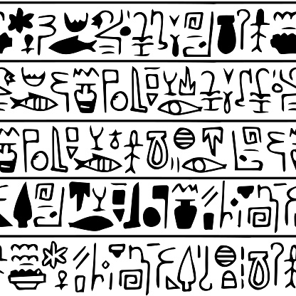 Vector trendy simple hand drawn illustration seamless pattern border of symbols like Egyptian hierogliphs on white background