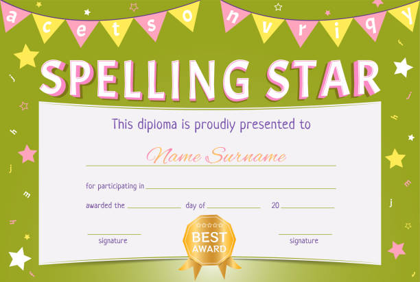 Spelling competition certificate Kids diploma of winning in spelling competition Award for children for participating in a language competition. Spelling star. spelling bee stock illustrations