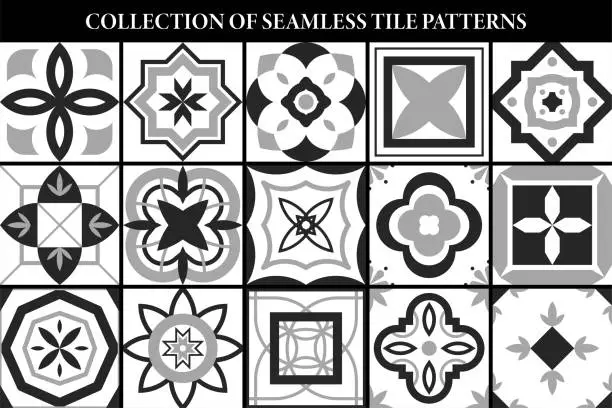 Vector illustration of Collection of seamless geometric mosaic patterns - black and white tile textures. Decorative ornamental monochrome backgrounds. Vector repeatable tileable prints