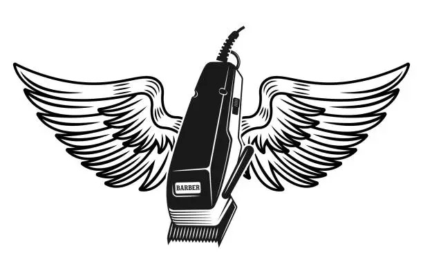 Vector illustration of Electrical hair clipper with wings vector illustration in monochrome vintage tattoo style