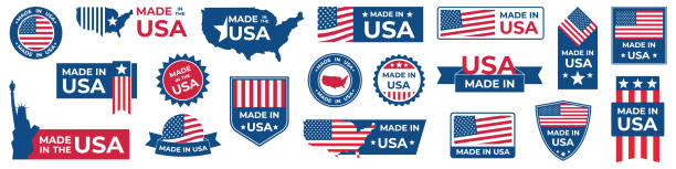 made in usa abzeichen gesetzt. amerikanische labels. patriotisches logo oder stempel. vektor-illustration. - usa made in the usa industry striped stock-grafiken, -clipart, -cartoons und -symbole