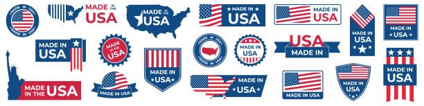 Made in USA badges set. American labels. Patriotic logo or stamp. Vector illustration. Made in USA badges set. American labels. Patriotic logo or stamp. Vector illustration. usa made in the usa industry striped stock illustrations