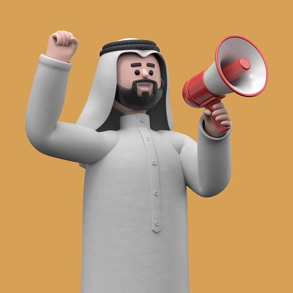 3D illustration of smiling Arab man Hadi holding a speaker. Cute smiling businessman announcing over the loudspeaker by raising his hand, isolated on yellow background. Business advertising concept.
