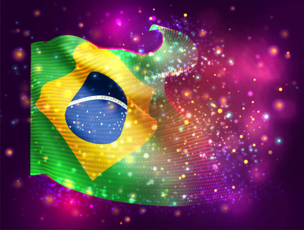 istock Brazil, vector 3d flag on pink purple background with lighting and flares 1495640843