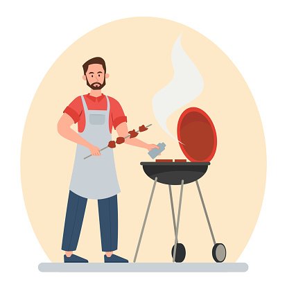 Man with barbecue. Young guy in uniform with meat stands near grill. Picnic and outdoor recreation, BBQ. Character at backyard with kebab or steak. Cartoon flat vector illustration