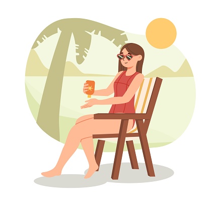 Girl with suncream. Woman sits in red swimsuit under sun on beach. Tourist on vacation with cream sunbathing. Holiday and travel to tropical and exotic countries. Cartoon flat vector illustration