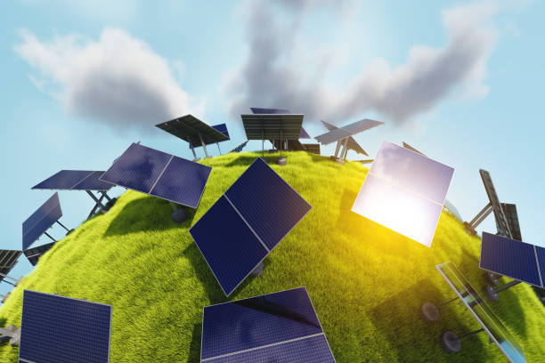 istock Close up of solar panels installed on a green sphere with grass 1495642218